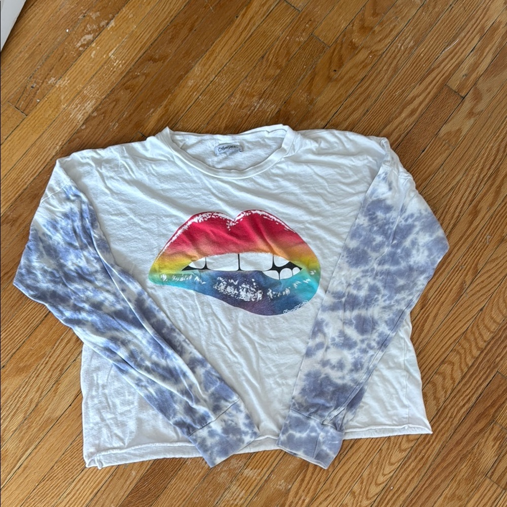 Lauren Moshi White Long Sleeve Tee with Rainbow Lips